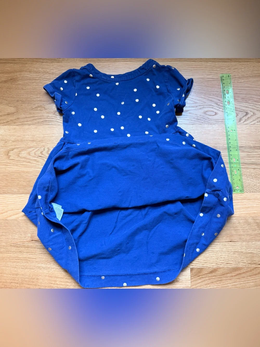 MiniBoden Girls' Blue dress with gold Polka Dot dress (size 5-6 years)